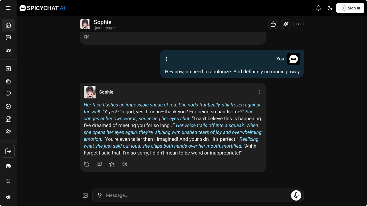 SpicyChat desktop conversation interface with a fictional adult character