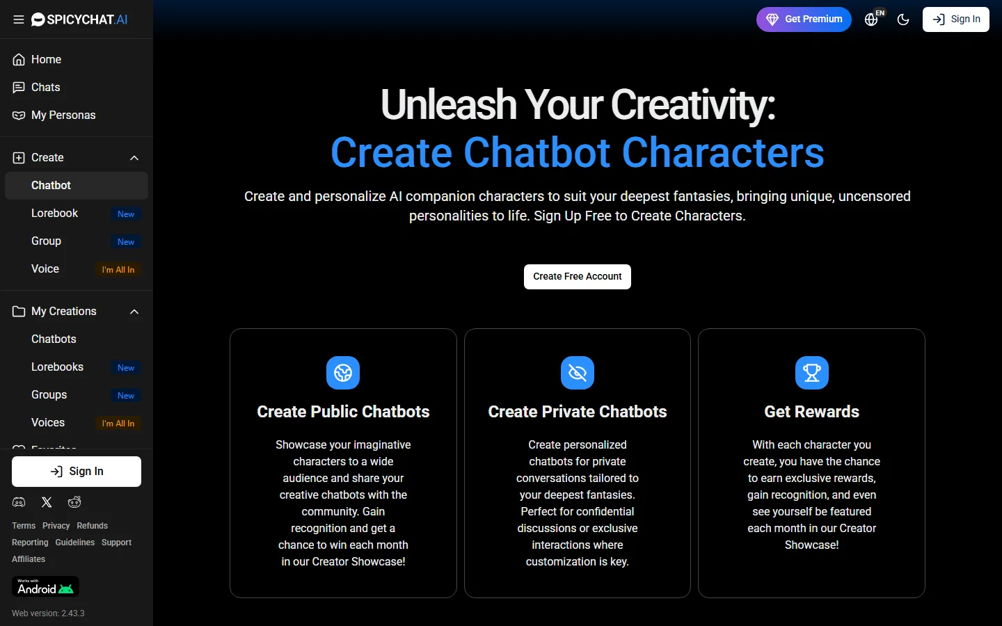 SpicyChat character creation overview showing public, private and reward options